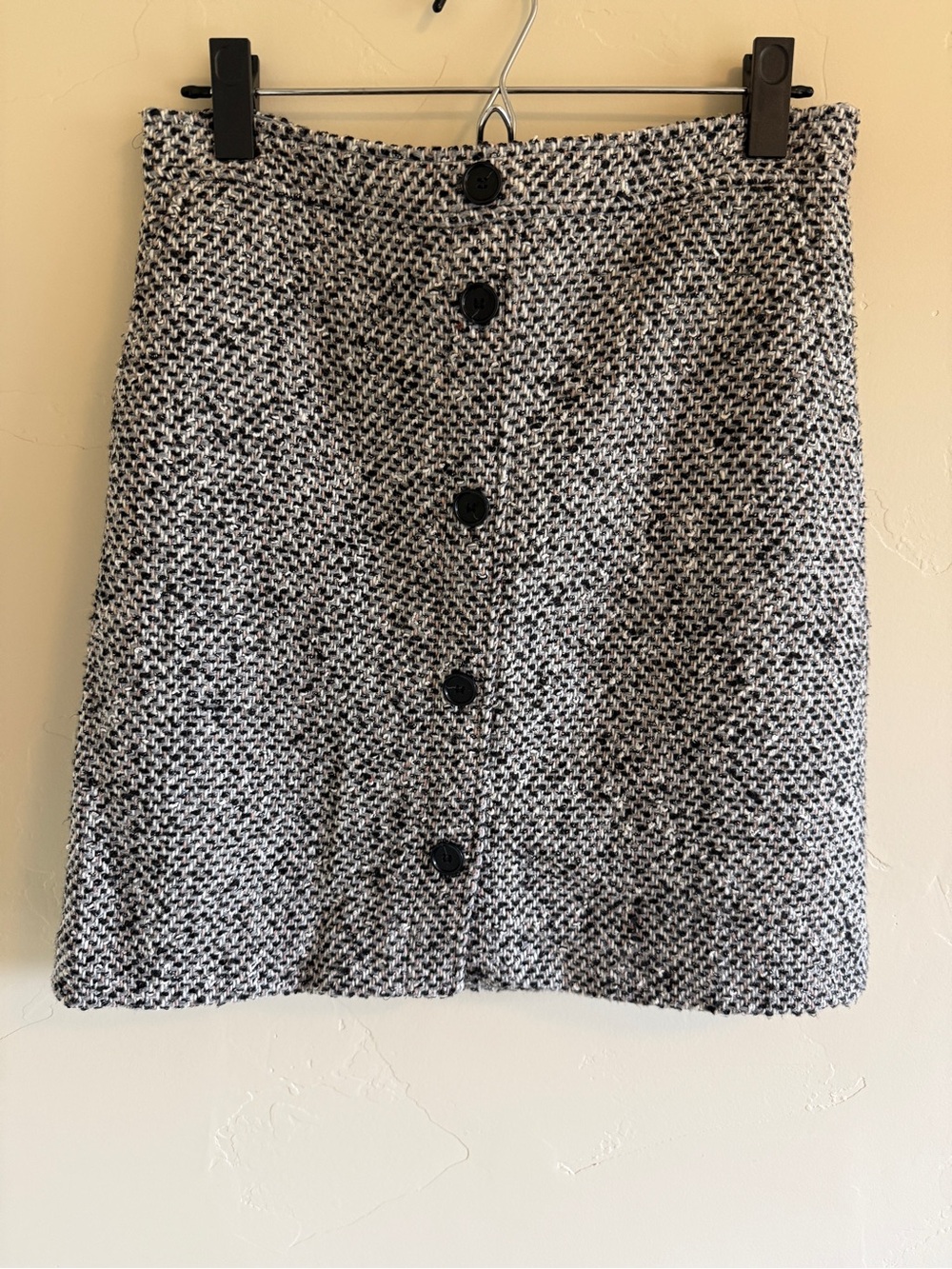 LOFT Black & White Button-Front Tweed Mini Skirt